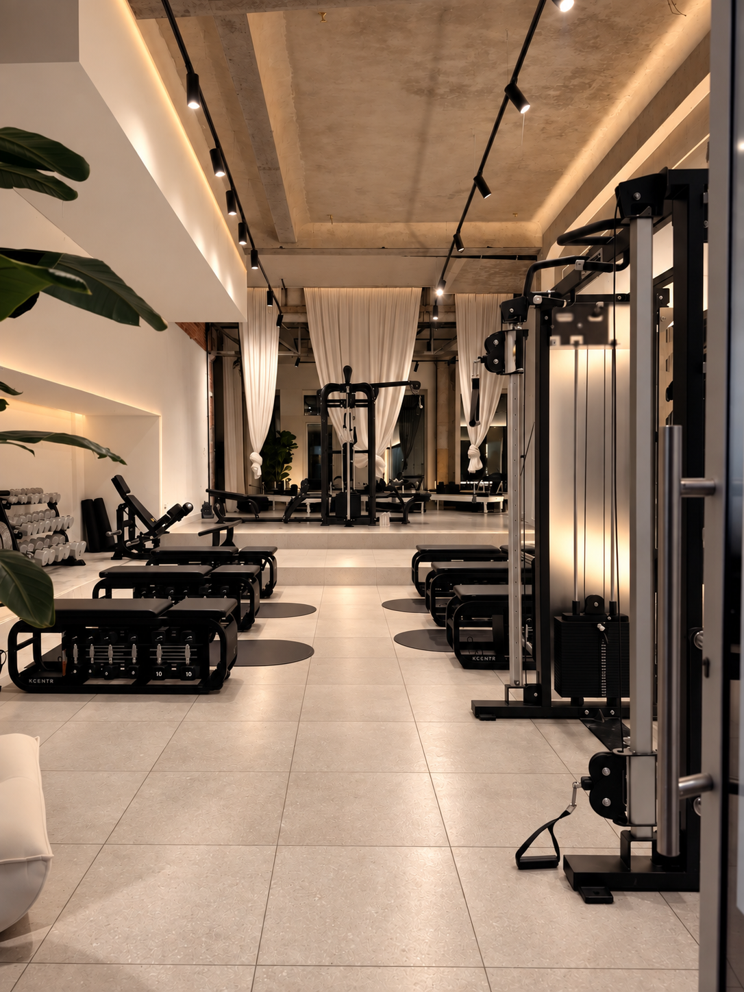 Gym floor with strength equipment at form.